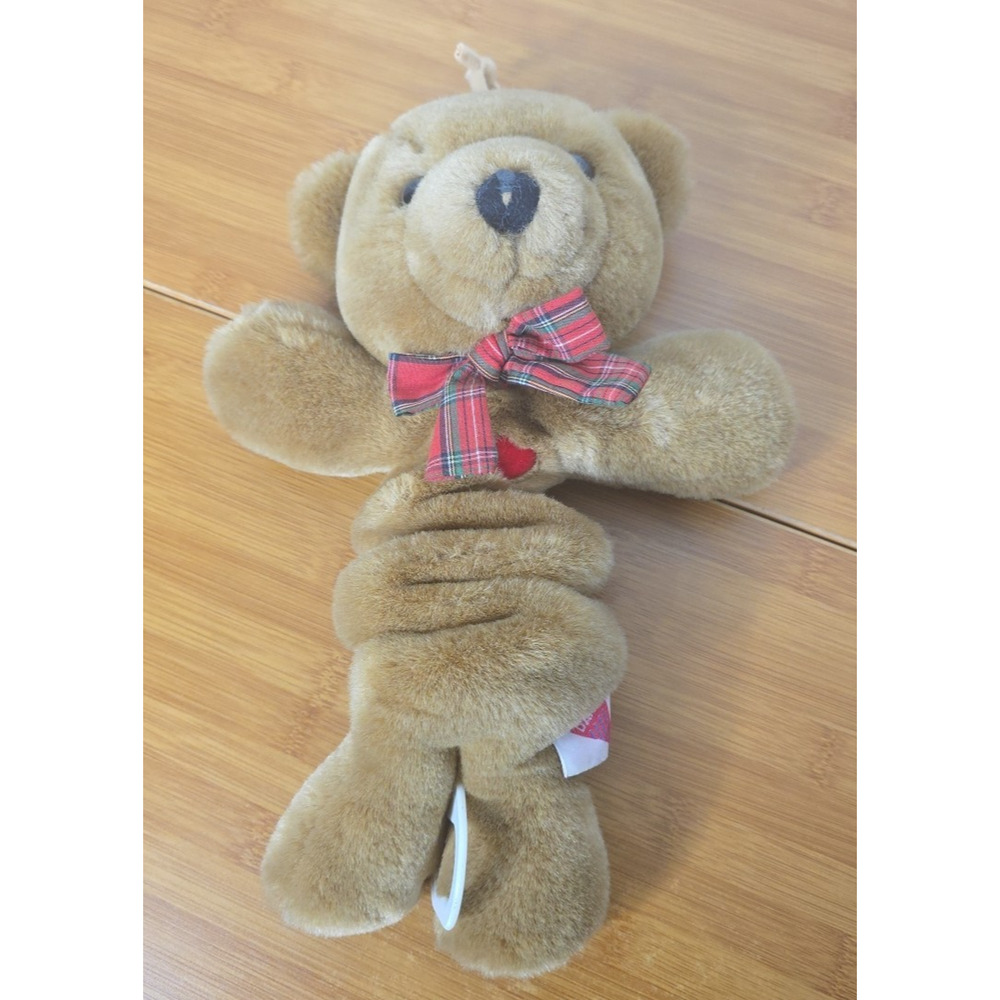 1989 Dakin Musical Bear Plush Pull String Toy Light Brown Plaid Bow WORKS